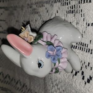 Vintage Bunny Rabbit Figurine with Porcelain flower and ribbon collar in pastel